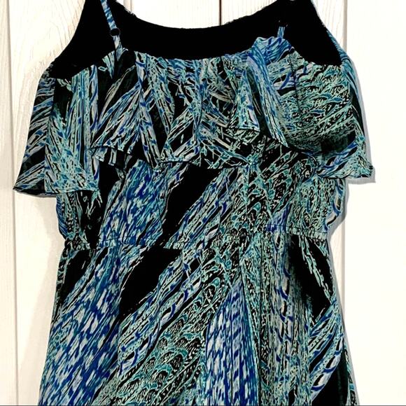 Lily Rose Mini Dress Blue Green Black Print Sleeveless Ruffle Mini Dress Medium - Picture 6 of 9